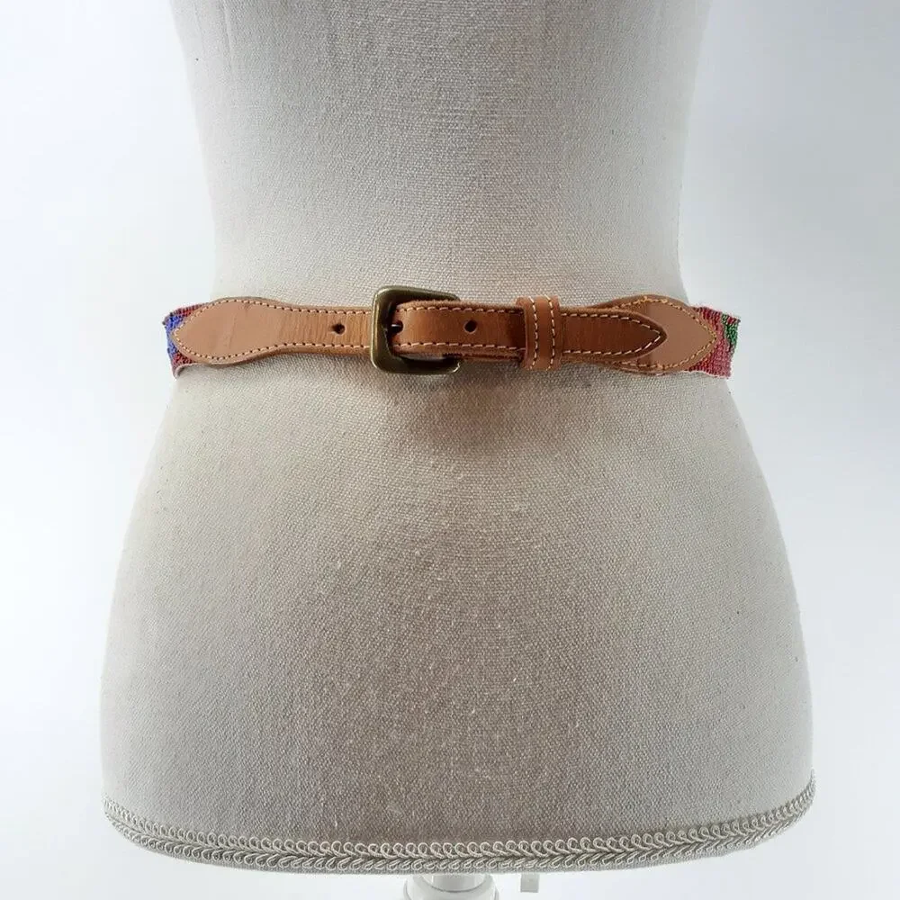 CDE Women's Beaded Fish Multicolored Belt Leather Boho Red White Blue size 28